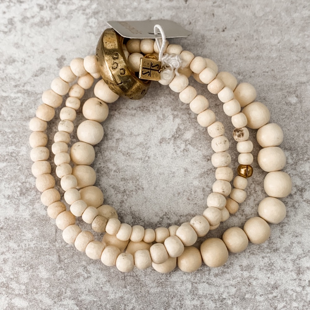 NWT Stone+Stick by Lenny & Eva Wood Bead & Brass Bangle Bracelet Set Ivory